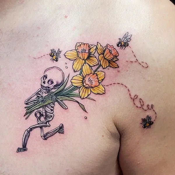 March Birth Flower Skeleton Tattoo