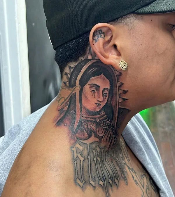 Virgin Mary Neck Tattoo