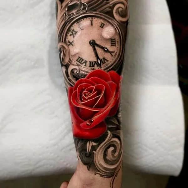 Clock and Rose Tattoo on Forearm