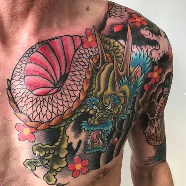 Chinese dragon tattoo on chest