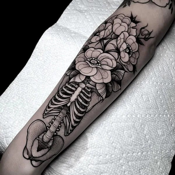 Skeleton with Flowers Tattoo