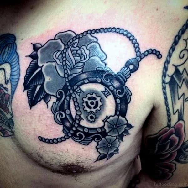 Clock and Rose Tattoo on the Chest