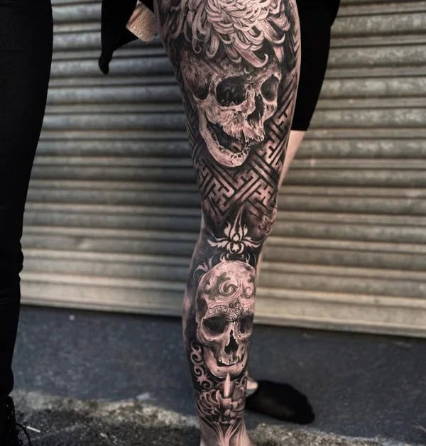 Skull Leg Sleeve Tattoo