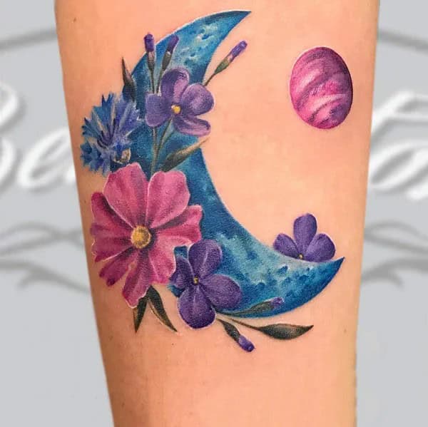 Cosmos Flower and Moon Tattoo