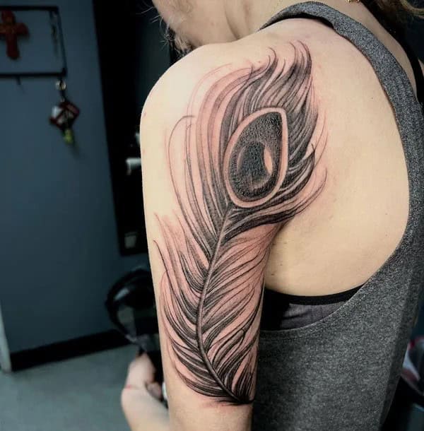 Black and Gray Peacock Feather Tattoo