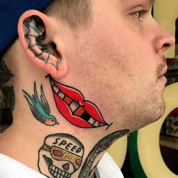 Multicolor Neck Lip Tattoo