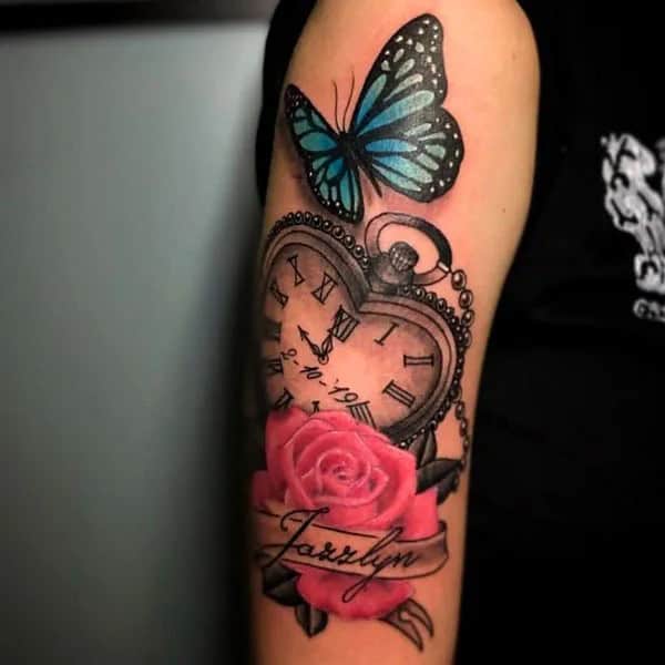 Clock and Rose Tattoo with a Butterfly