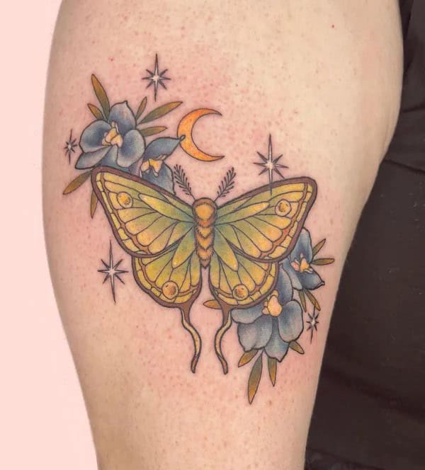 July Birth Flower And Moth Tattoo