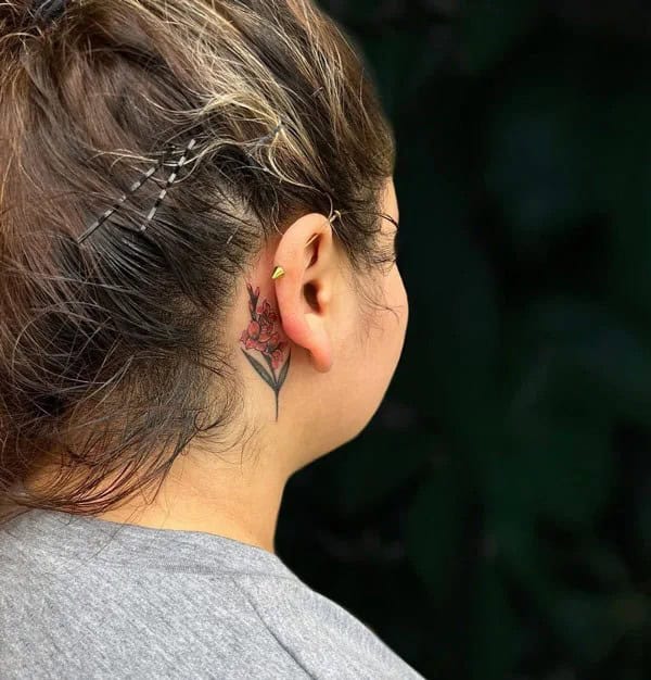 August Birth Flower Tattoo Behind the Ear