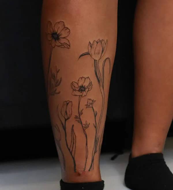 Cosmos Flower Leg Tattoo