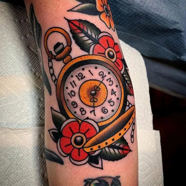 The Classic Rose and Clock Tattoo