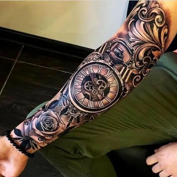 Clock and Rose Sleeve Tattoo