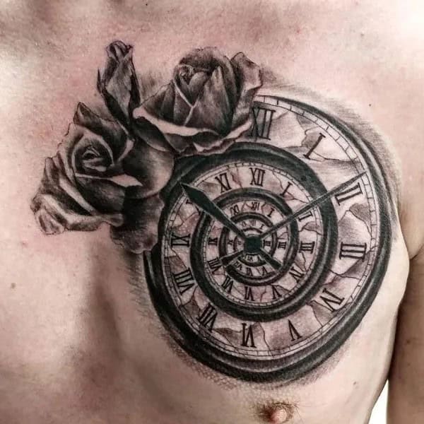 Clock and Rose Tattoo on the Chest