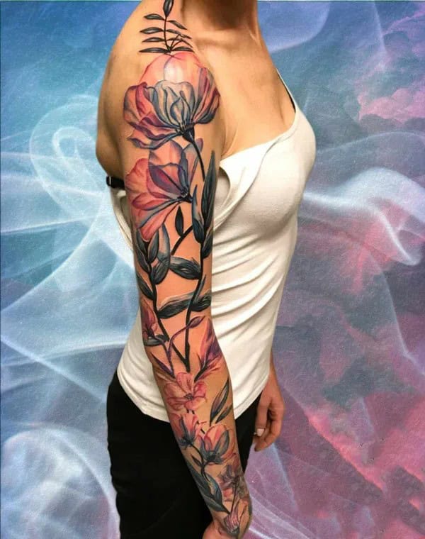 Watercolor Flower Sleeve Tattoo