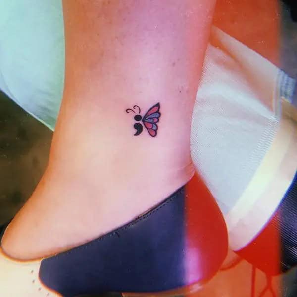 Semicolon Butterfly Ankle Tattoo