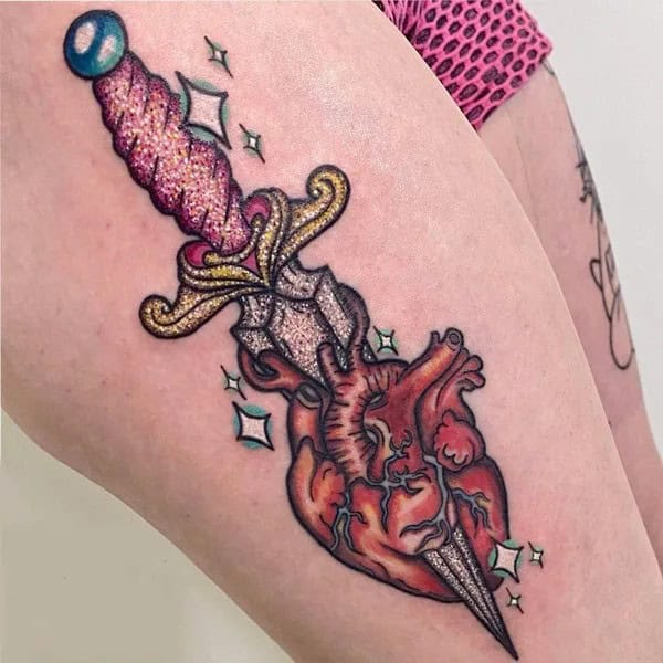 Glittery Heart and Dagger Tattoo