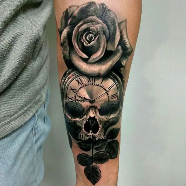 Skull Clock Tattoo with Roses