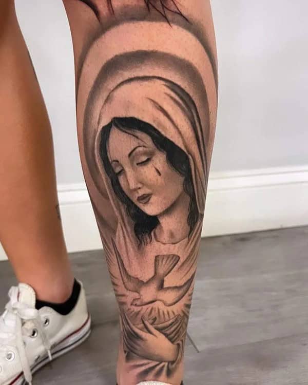 Virgin Mary Leg Tattoo