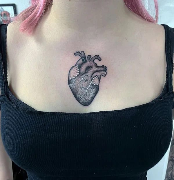 Anatomical Heart Tattoo On Chest