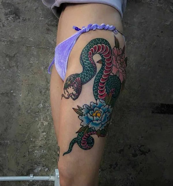 Japanese Snake Thigh Tattoo