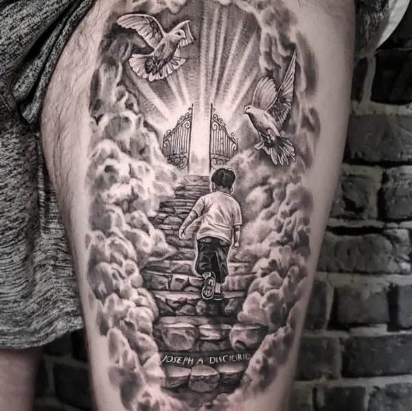 Gates of Heaven Thigh Tattoo