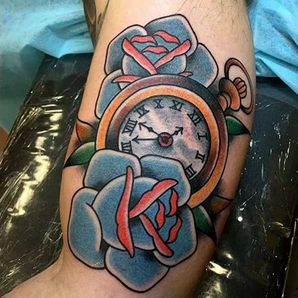 The Classic Rose and Clock Tattoo