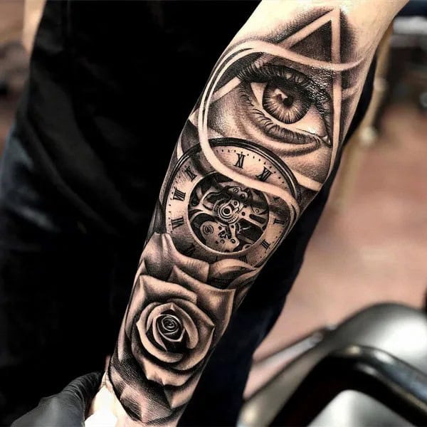 Eye Clock and Rose Tattoo