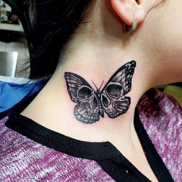 Butterfly Skull Neck Tattoo