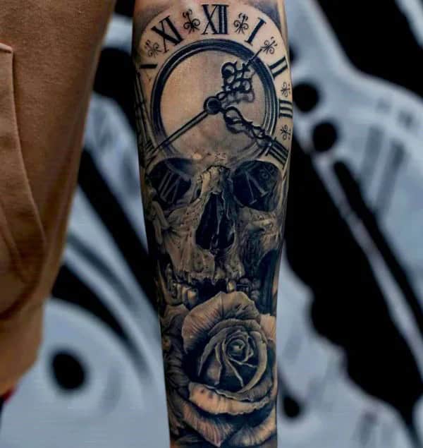 Skull Clock Tattoo with Roses