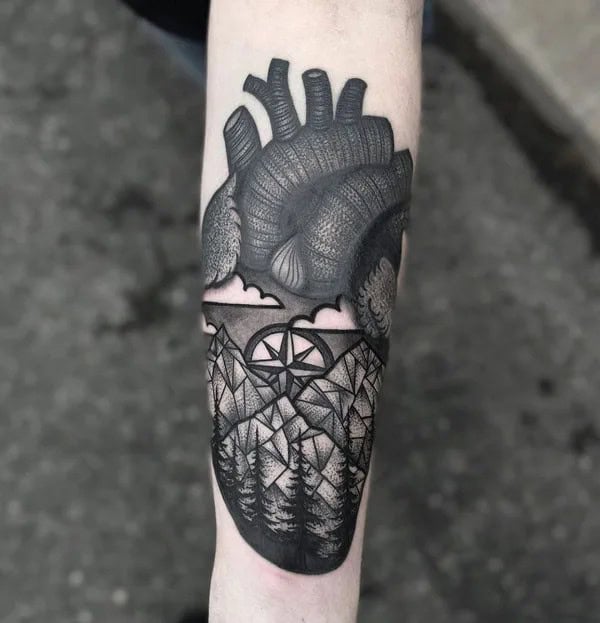 Anatomical Heart Tattoo On Chest