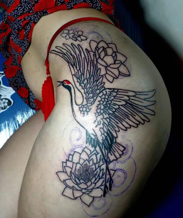 Japanese Crane Tattoo On Thigh