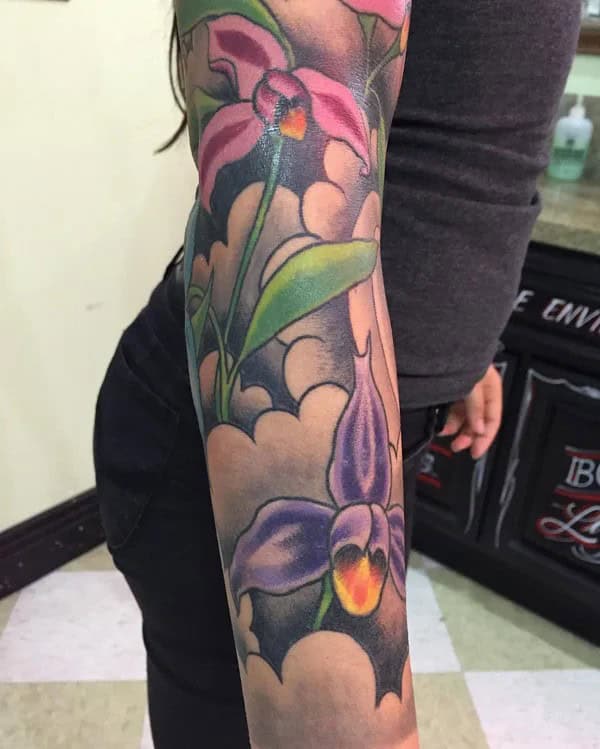 Traditional Flower Sleeve Tattoo