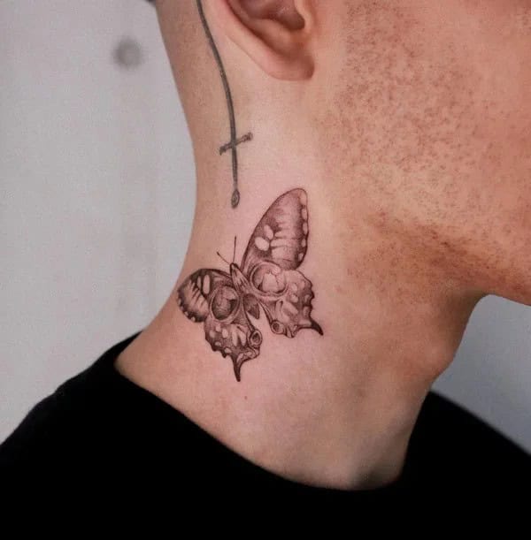 Butterfly Skull Neck Tattoo