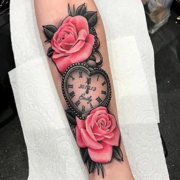 Heart Clock and Rose Tattoo