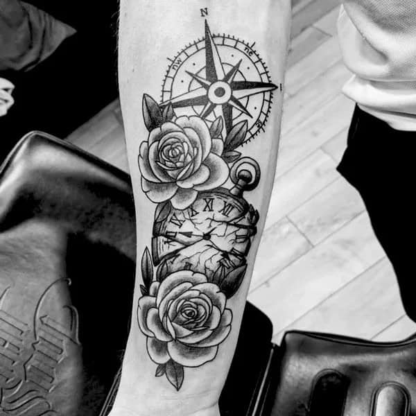 Compass Clock and Rose Tattoo