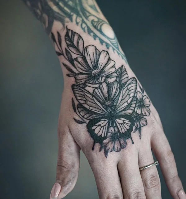 Semicolon Butterfly Hand Tattoo