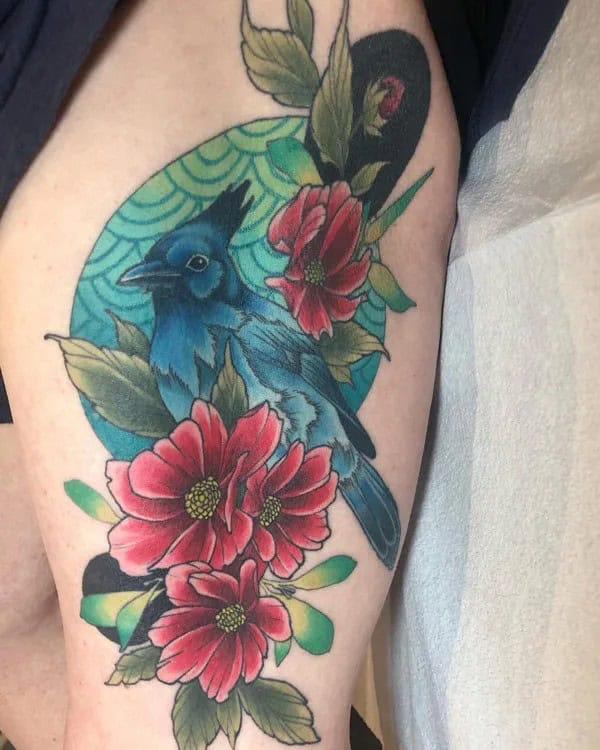 Cosmos Flower and Stellar Jay Tattoo