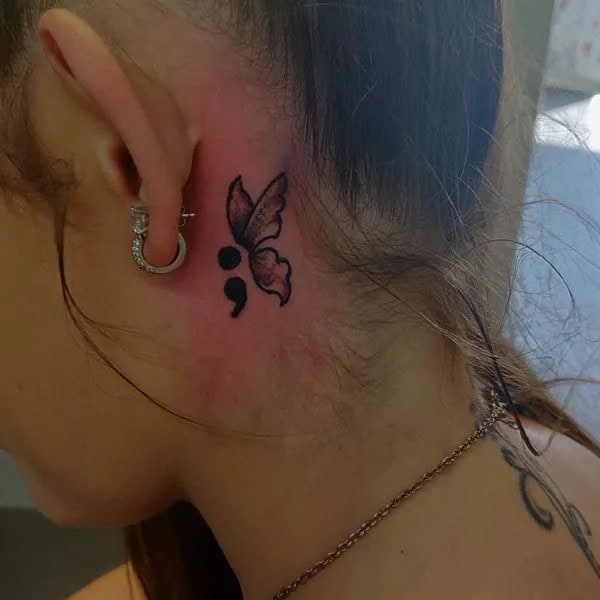 Semicolon Butterfly Tattoo Behind The Ear