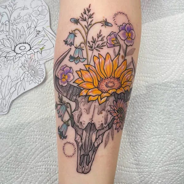 Bull Skull Tattoo with Flowers