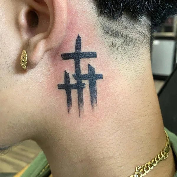 3 Cross Tattoo Behind the Ear