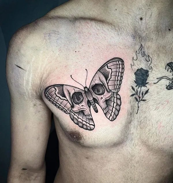 Butterfly Skull Tattoo On Chest