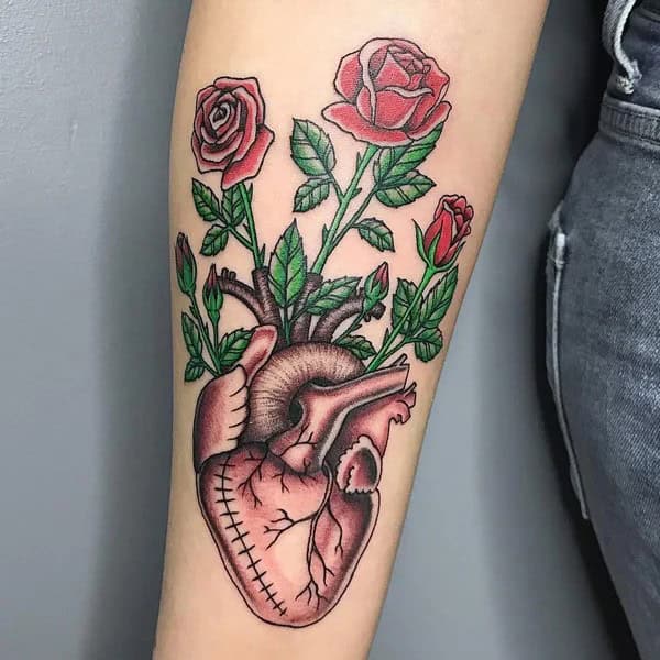 Floral Anatomical Heart Tattoo