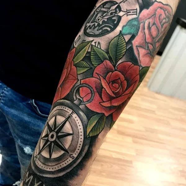 Compass Clock and Rose Tattoo