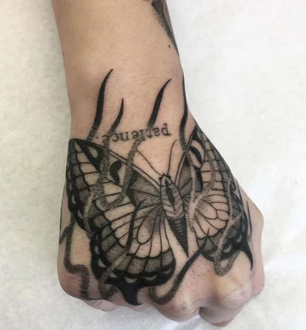 Semicolon Butterfly Hand Tattoo