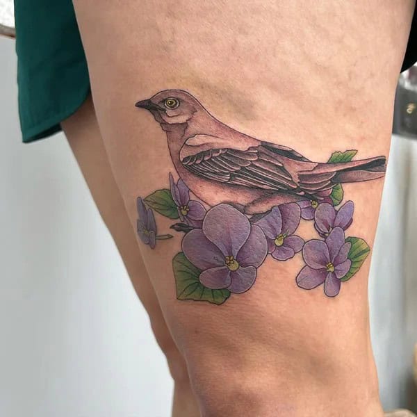 Tattoo With Violet Flower and Mockingbird