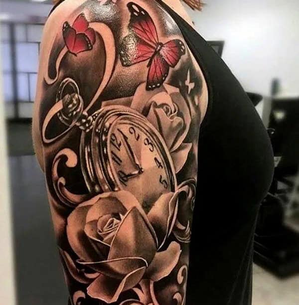 Clock and Rose Tattoo with a Butterfly