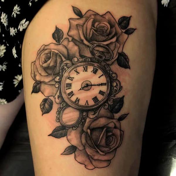 Clock and Rose Tattoo on Thigh