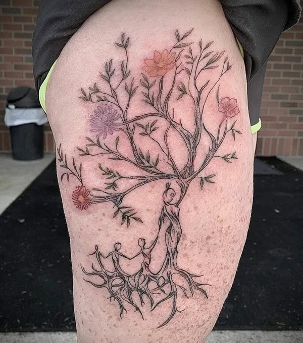 Family Tree Thigh Tattoo