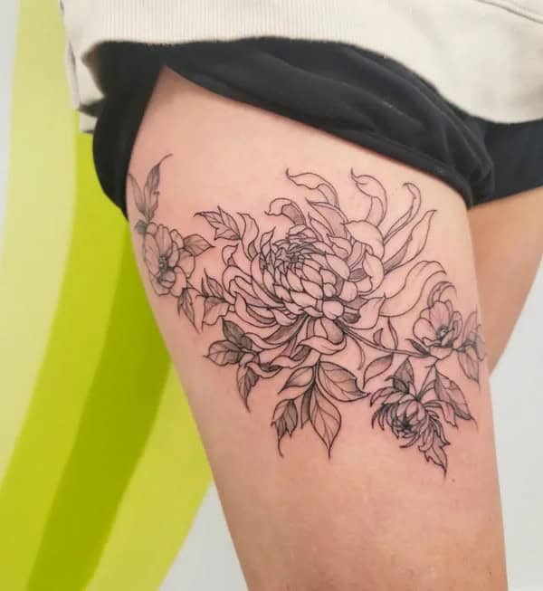 November Birth Flower Thigh Tattoo