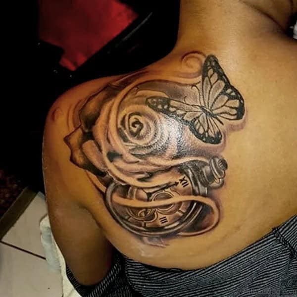 Clock and Rose Tattoo with a Butterfly